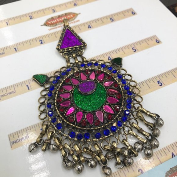 Afghan Vintage Multicolor Glass Stones teeka, Massive teeka With Dangling Bells main image 4